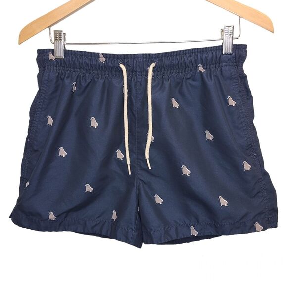 H&M Mens Navy Walrus Print Lined Swimming Trunks Shorts M - Picture 1 of 8